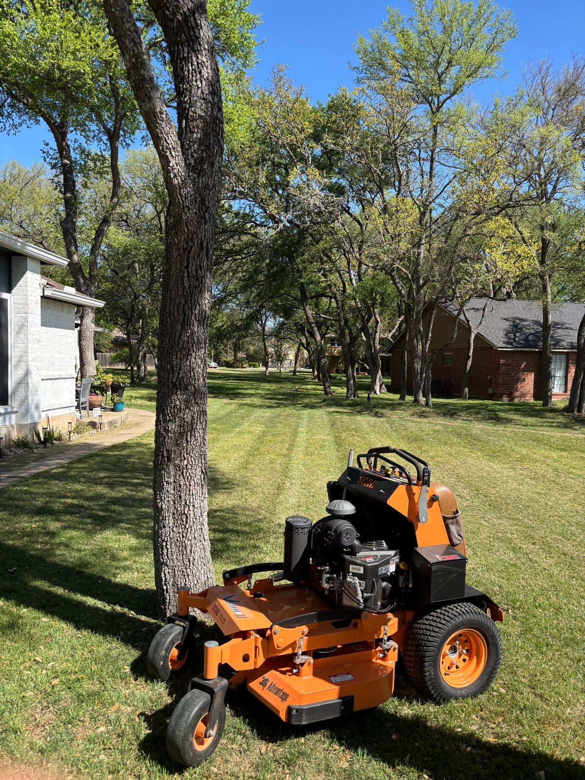 Orange and black zero-turn riding mower parked under a large tree in a residential yard with grass and buildings